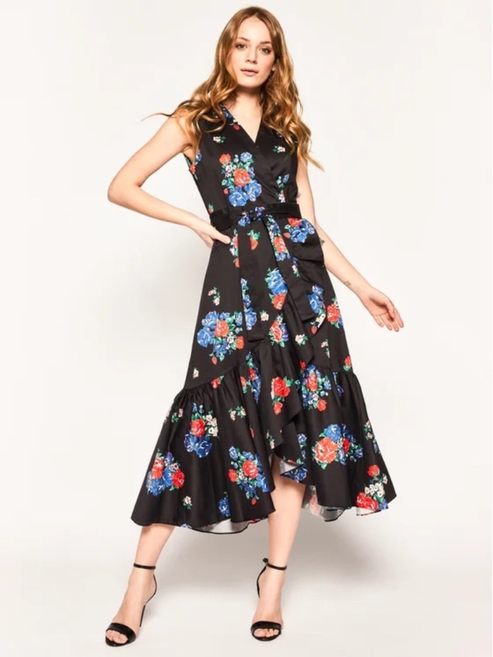 Tory Burch Printed Wrap Midi Dress Black Tea Rose Floral Red Blue Cotton Sz S/P